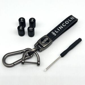 Lincoln Keychain Genuine Leather with Tire Valve Stem Caps Key D-Ring - Black